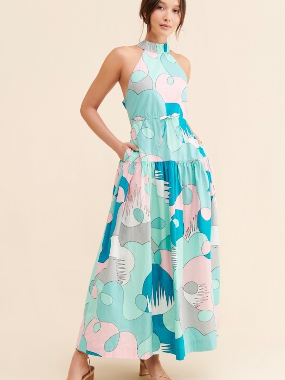 SWF From Anthropologie Halter Maxi Dress in Pastel Aqua Print Size Xs